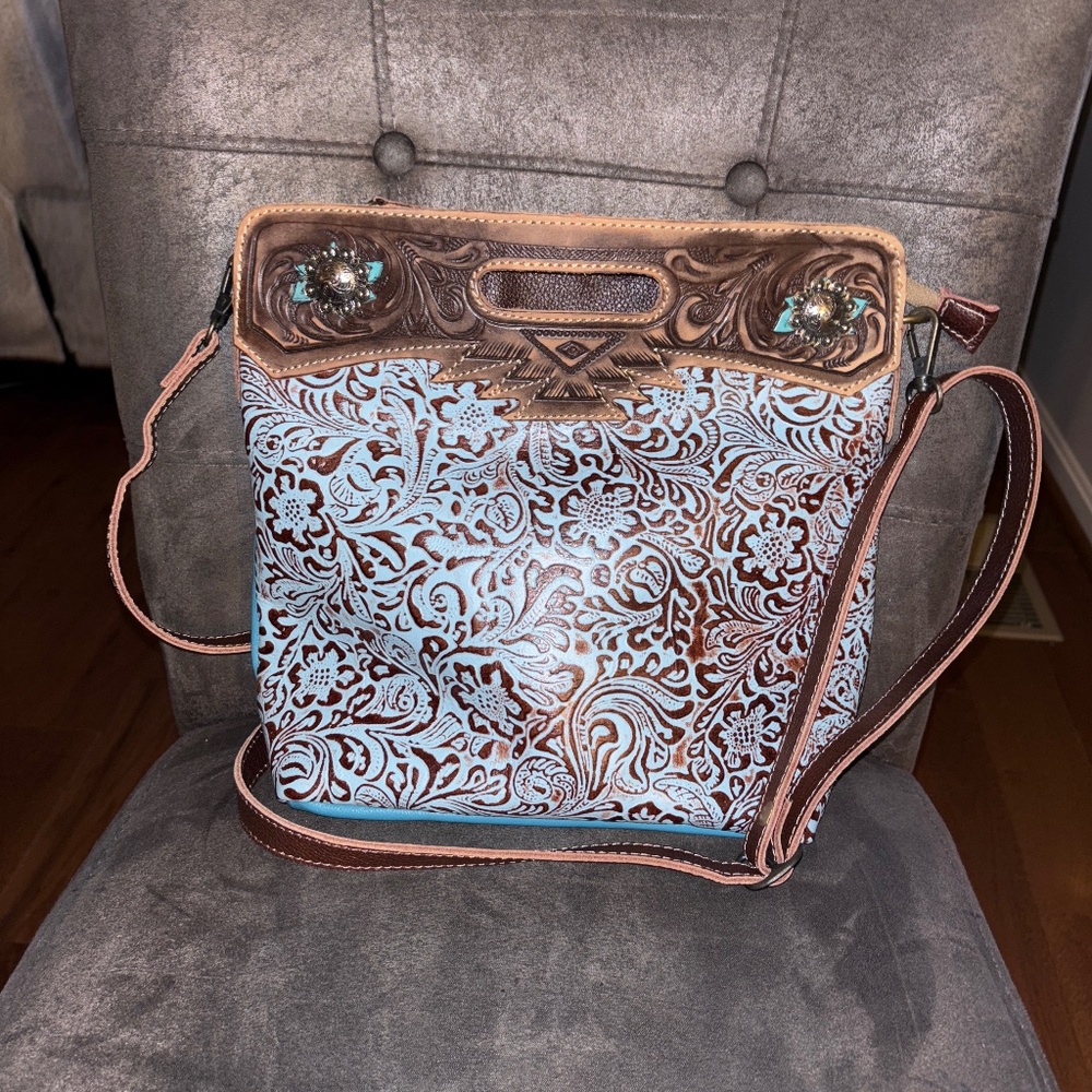 Myra Bag Brown Turquoise Hand Tooled Crossbody Shoulder Handbag KS6